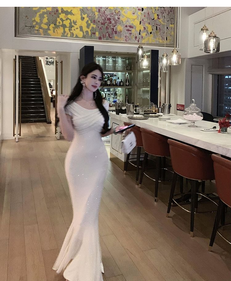 Mermaid Neck Gown Evening Short-Sleeve Rhinestone Boat