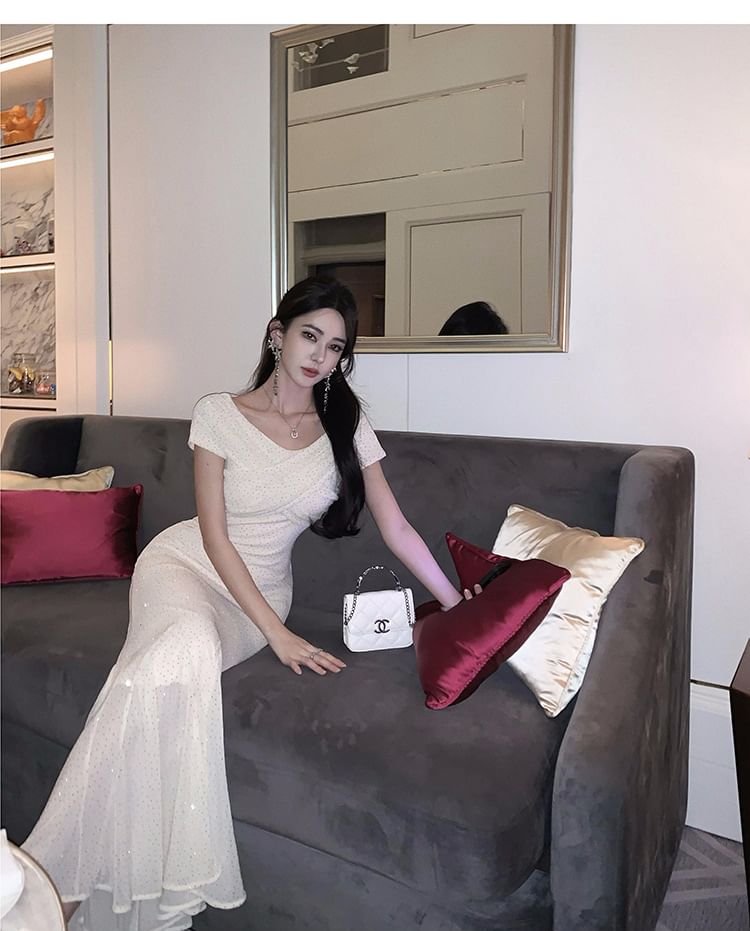 Mermaid Neck Gown Evening Short-Sleeve Rhinestone Boat