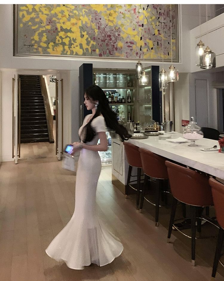 Mermaid Neck Gown Evening Short-Sleeve Rhinestone Boat