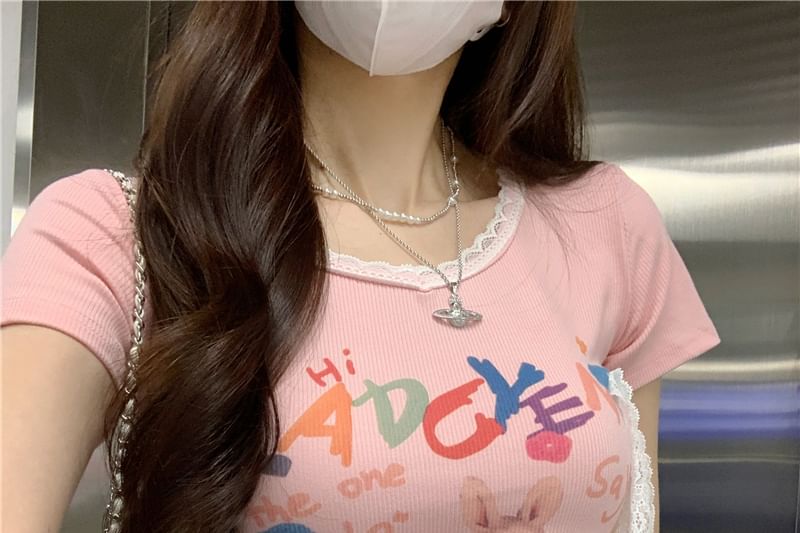 Crewneck Short-Sleeve Tee Print Crop Rabbit