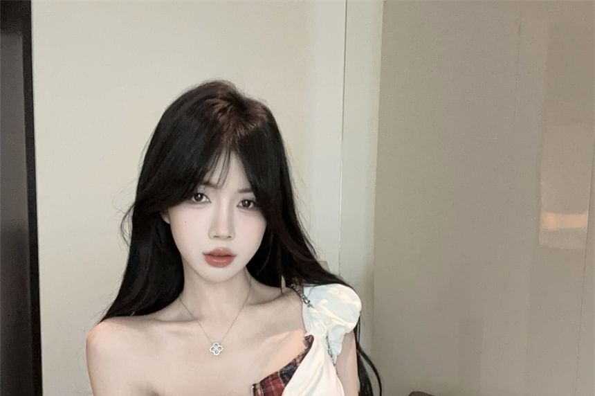 Mock Two-Piece Crop Plaid Trim Cap-Sleeve Top