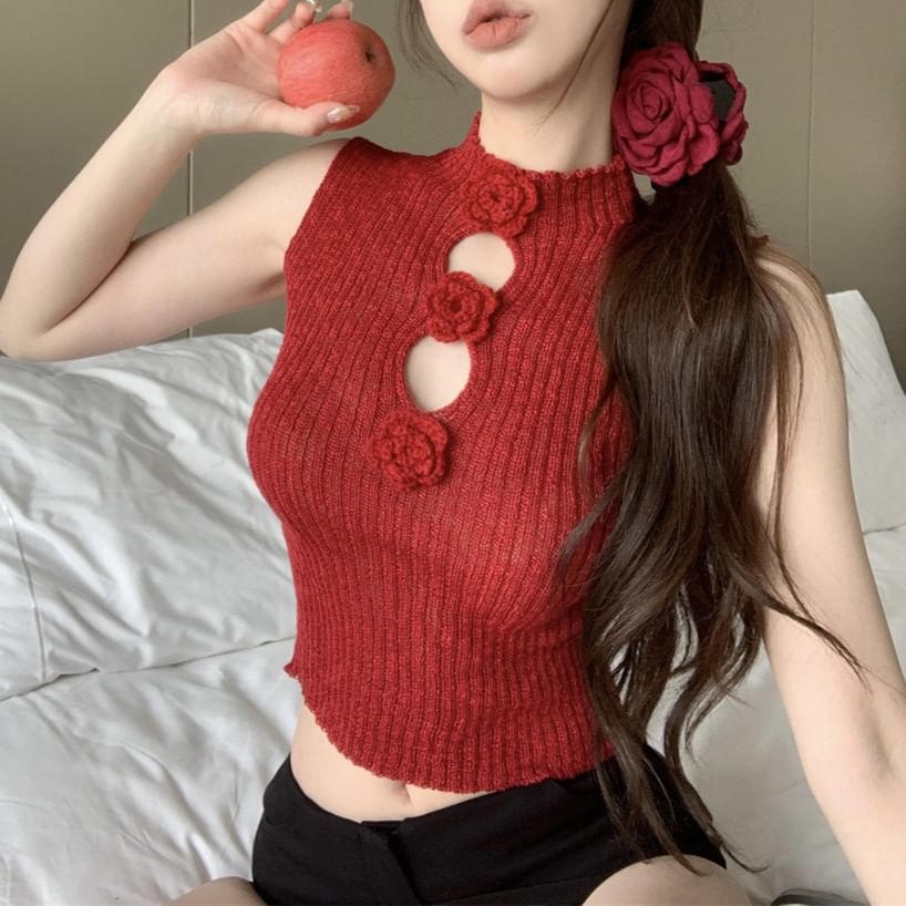 Sleeveless Floral Mock Neck Knit Accent Crop Top