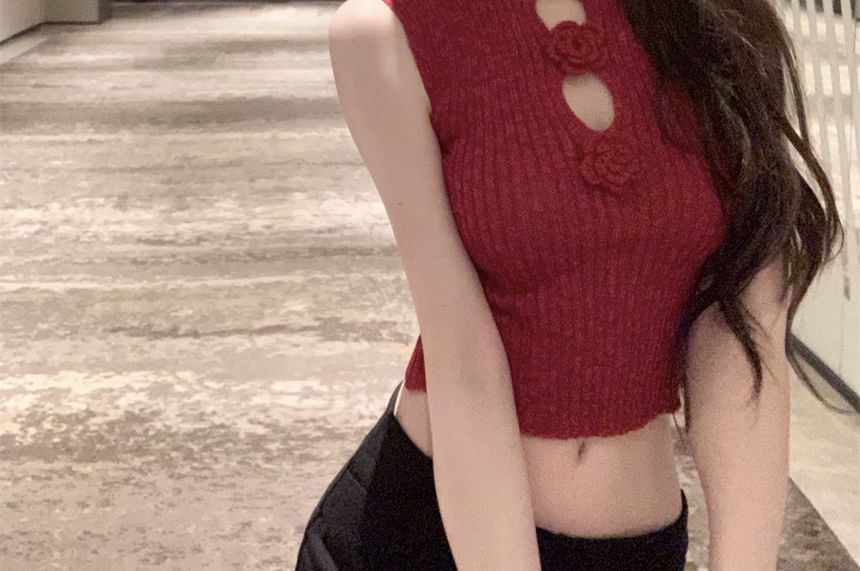 Sleeveless Floral Mock Neck Knit Accent Crop Top