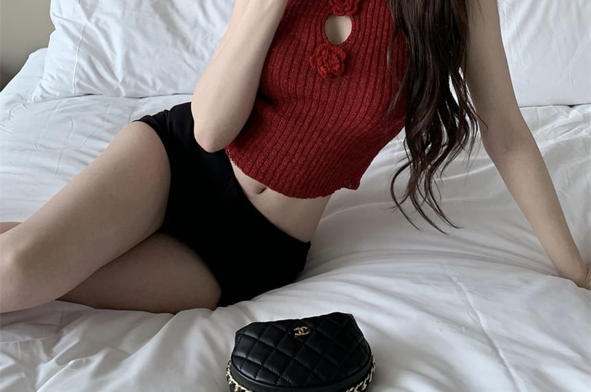 Sleeveless Floral Mock Neck Knit Accent Crop Top