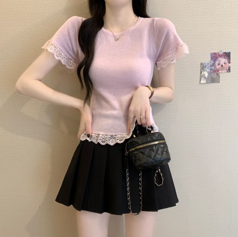 Trim Plain Tee Lace Short-Sleeve Crewneck