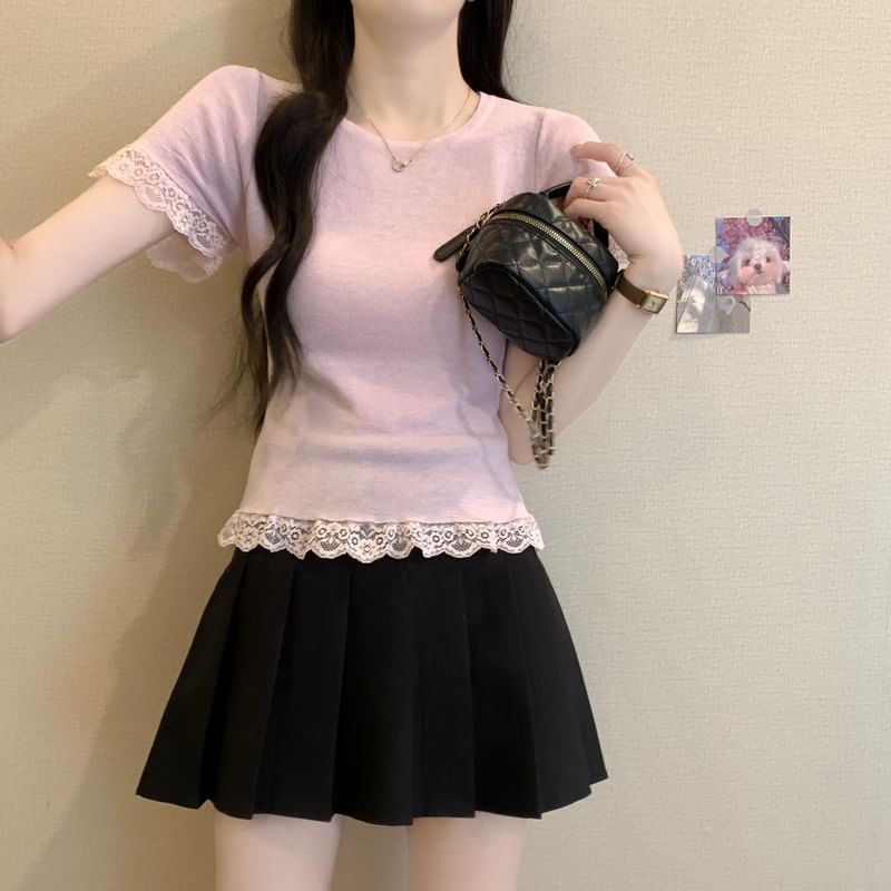 Trim Plain Tee Lace Short-Sleeve Crewneck