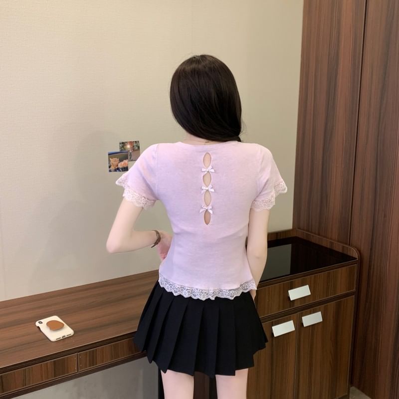 Trim Plain Tee Lace Short-Sleeve Crewneck