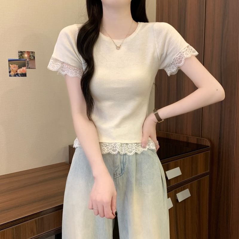 Trim Plain Tee Lace Short-Sleeve Crewneck