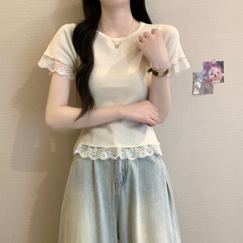 Trim Plain Tee Lace Short-Sleeve Crewneck