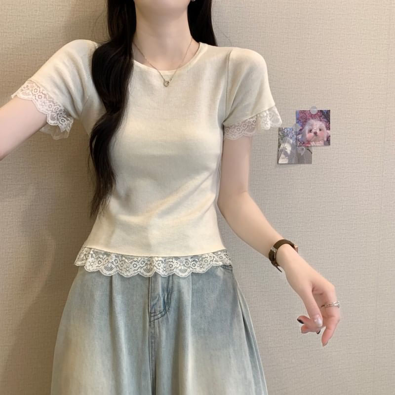 Trim Plain Tee Lace Short-Sleeve Crewneck
