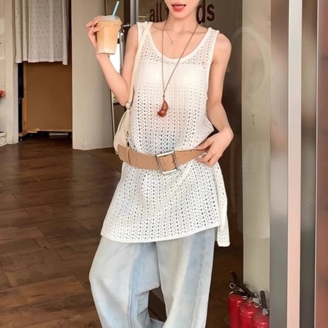 Slit Plain Top Hem Sleeveless Knit