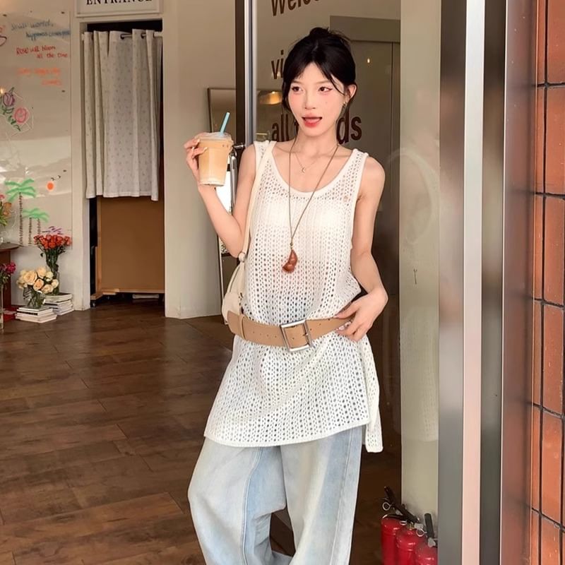 Slit Plain Top Hem Sleeveless Knit