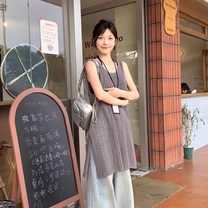 Slit Plain Top Hem Sleeveless Knit