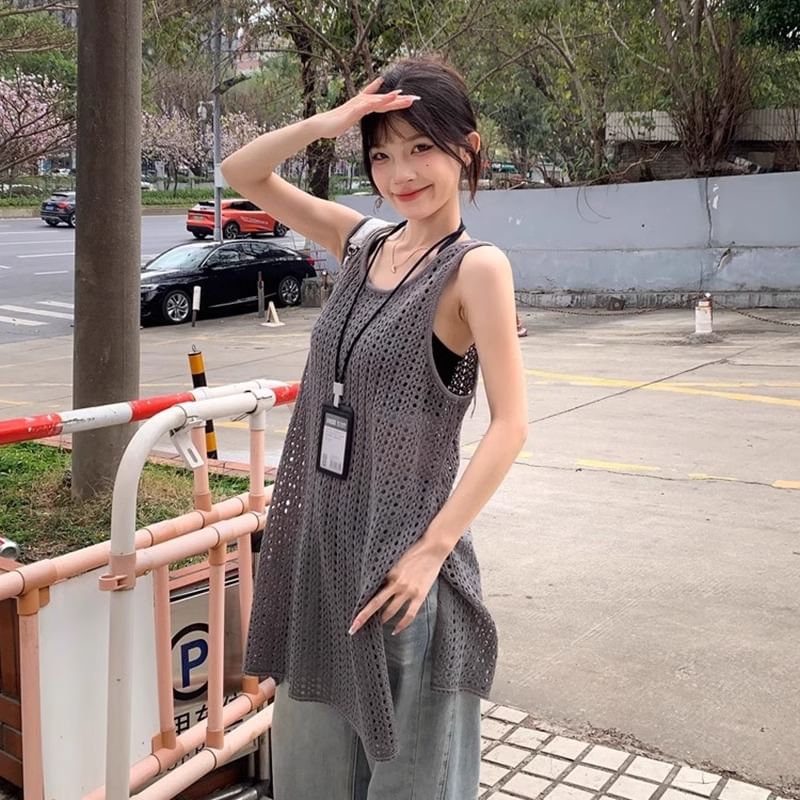 Slit Plain Top Hem Sleeveless Knit