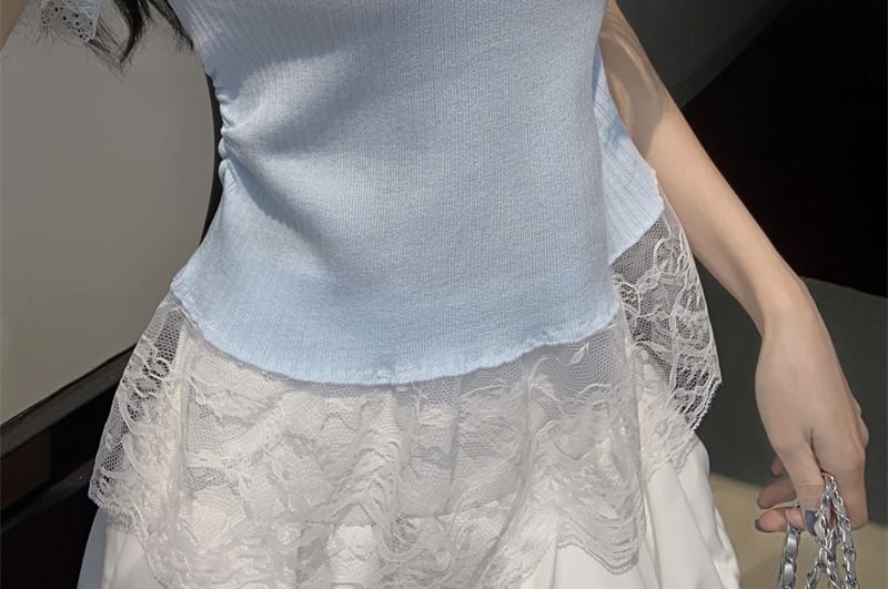 Top Trim Lace Short-Sleeve V-Neck Knit Plain