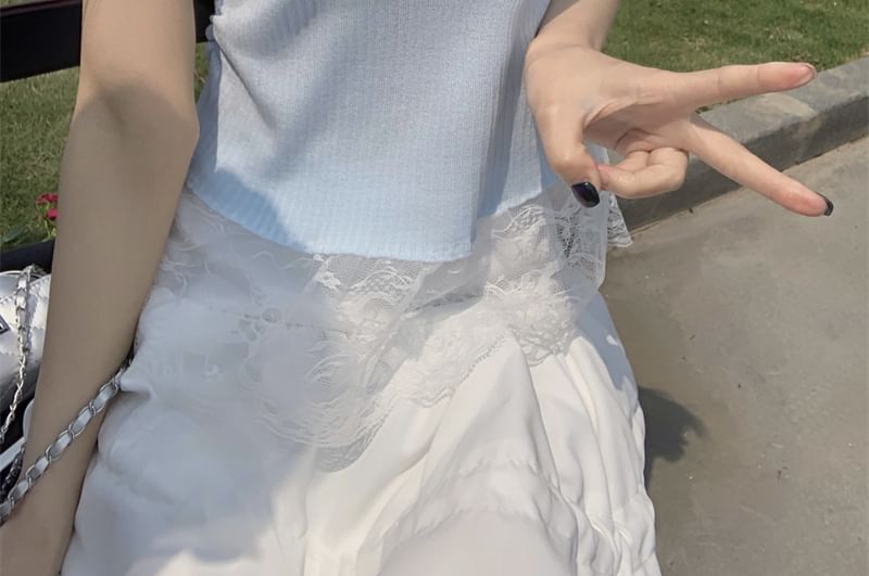 Top Trim Lace Short-Sleeve V-Neck Knit Plain