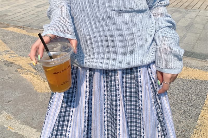 Top + Long-Sleeve Plain Knit Sleeveless Set: