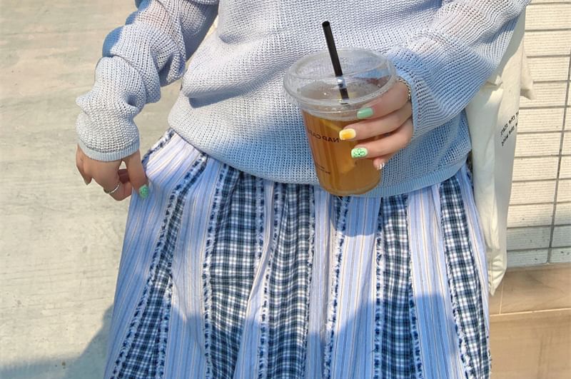 Top + Long-Sleeve Plain Knit Sleeveless Set: