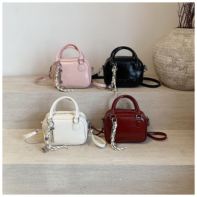 Leather Lettering Handle Crossbody Top Bag Faux