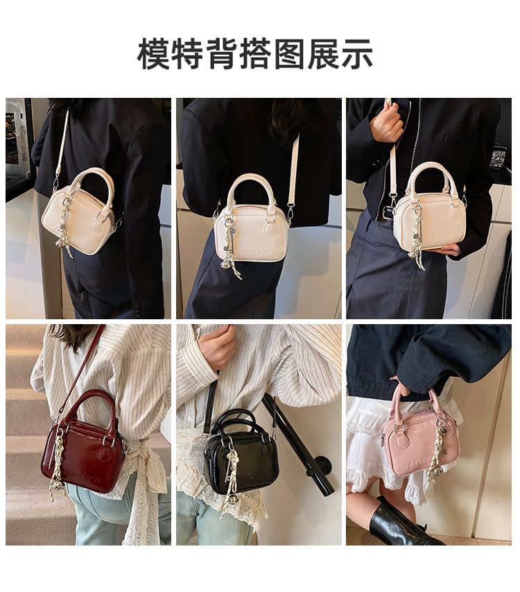 Leather Lettering Handle Crossbody Top Bag Faux