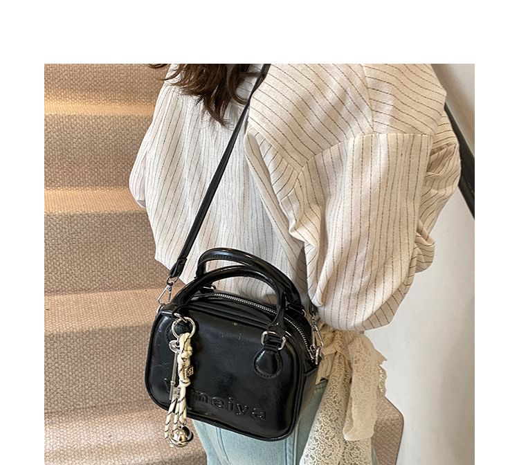 Leather Lettering Handle Crossbody Top Bag Faux