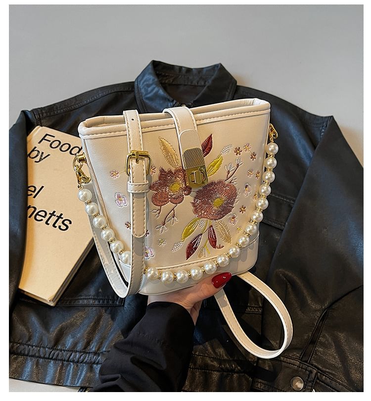Pearl Bucket Embroidered Bag Strap Floral Faux