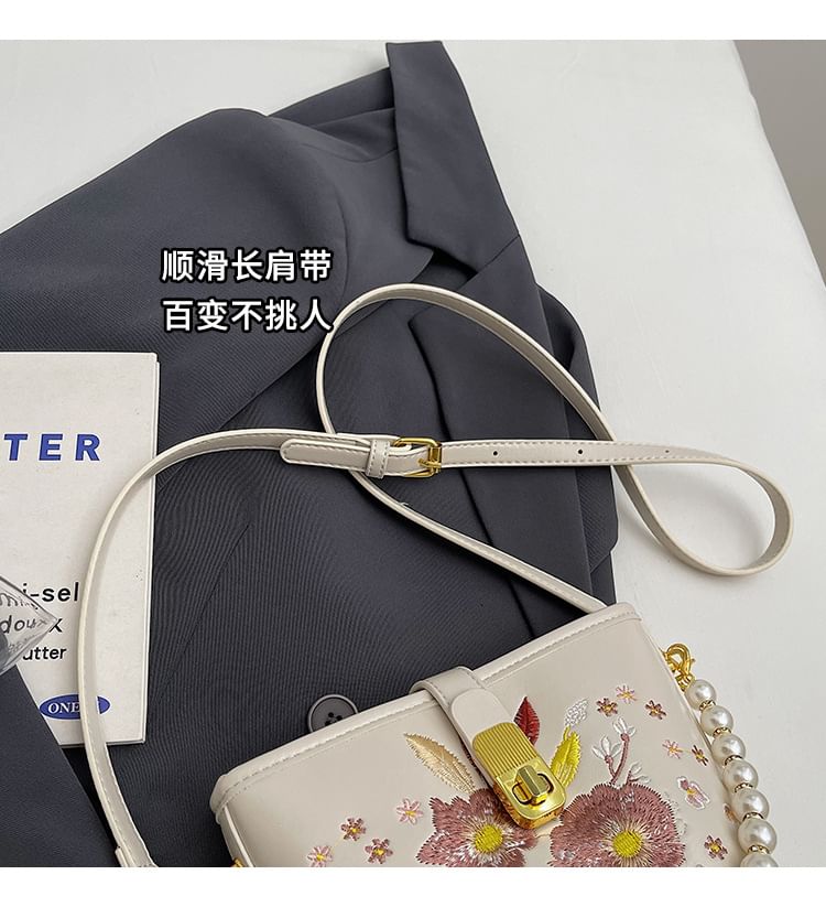 Pearl Bucket Embroidered Bag Strap Floral Faux