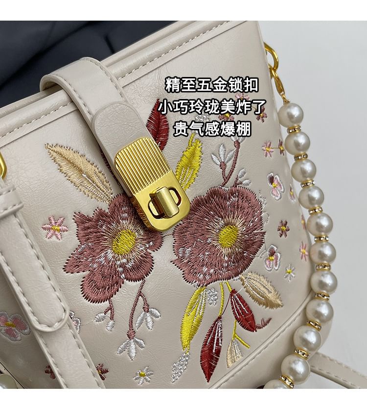 Pearl Bucket Embroidered Bag Strap Floral Faux