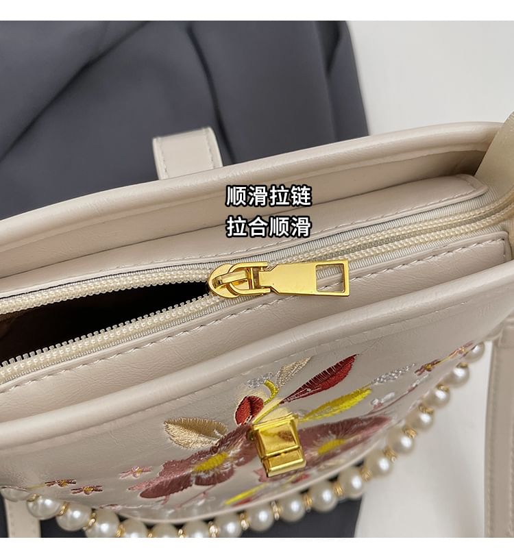Pearl Bucket Embroidered Bag Strap Floral Faux