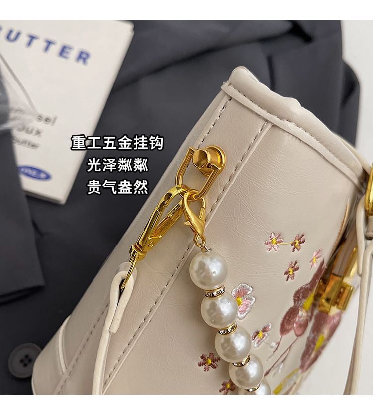 Pearl Bucket Embroidered Bag Strap Floral Faux