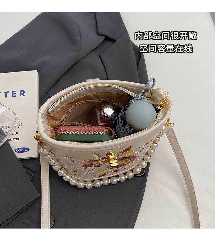 Pearl Bucket Embroidered Bag Strap Floral Faux