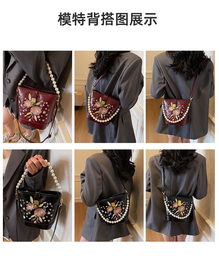Pearl Bucket Embroidered Bag Strap Floral Faux