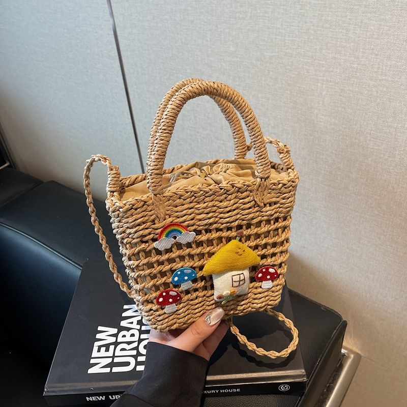 Applique Handle Crossbody Straw Mushroom Bag Top