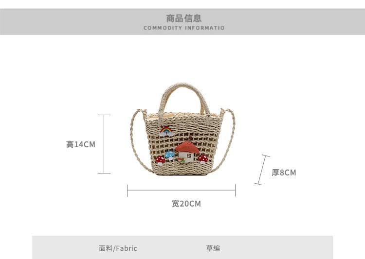 Applique Handle Crossbody Straw Mushroom Bag Top
