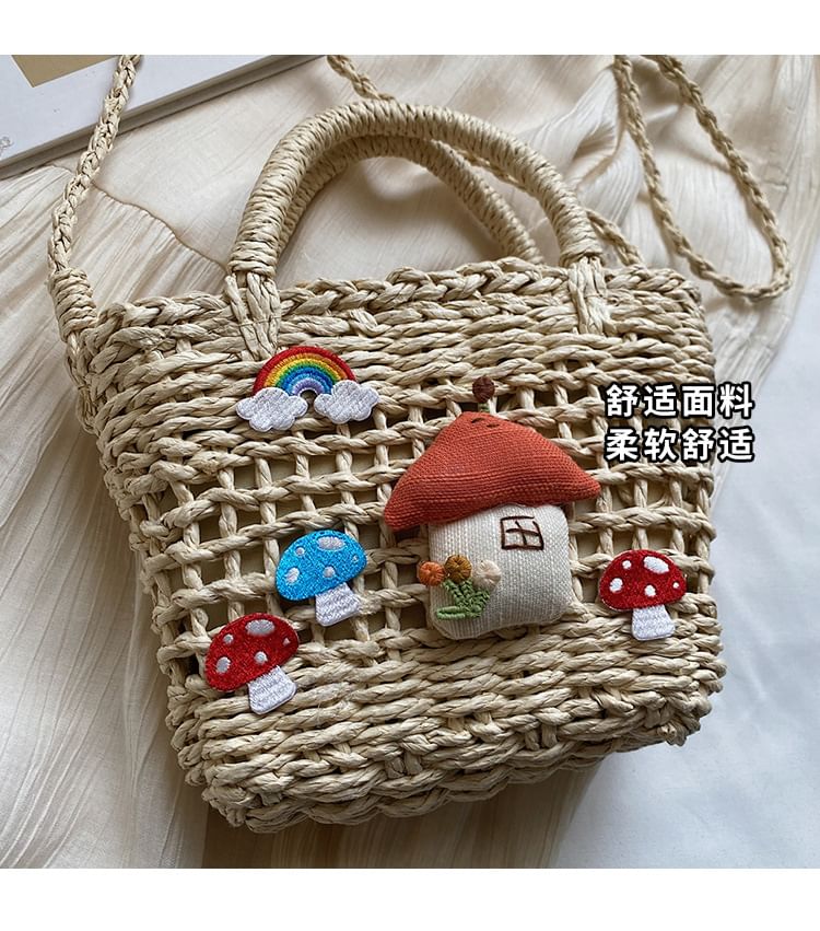 Applique Handle Crossbody Straw Mushroom Bag Top