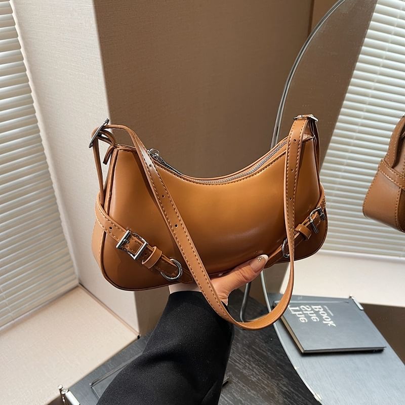 Buckled Plain Leather Crossbody Bag Faux