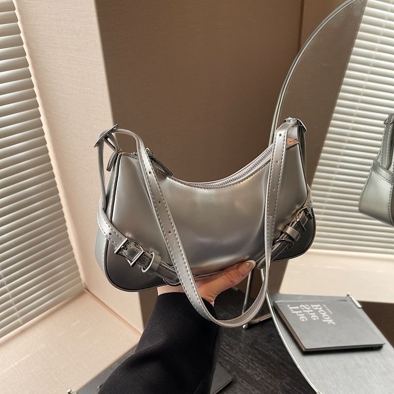 Buckled Plain Leather Crossbody Bag Faux