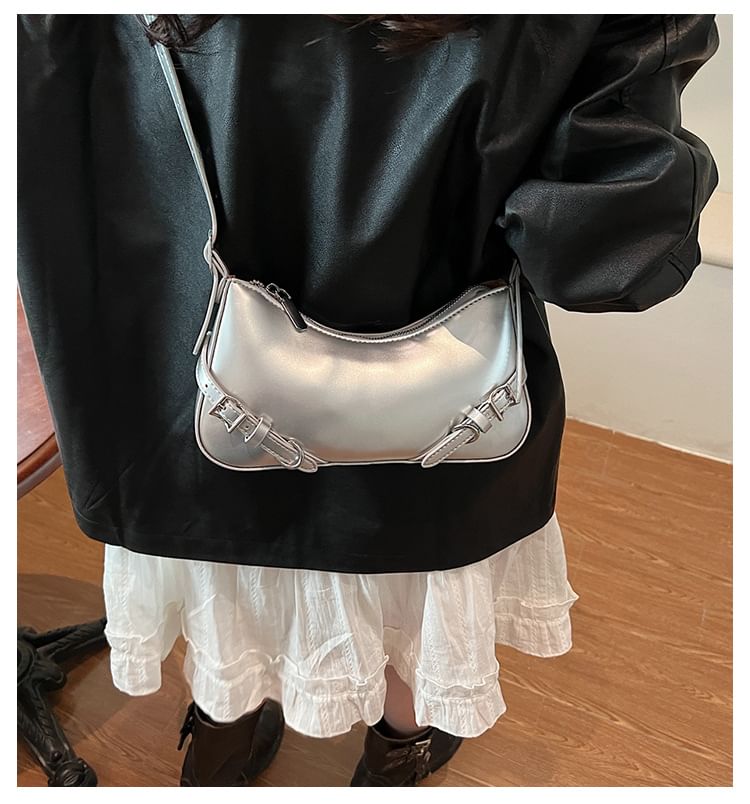 Buckled Plain Leather Crossbody Bag Faux