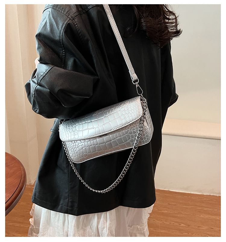 Crossbody Faux Bag Leather Chain Strap Textured Flap