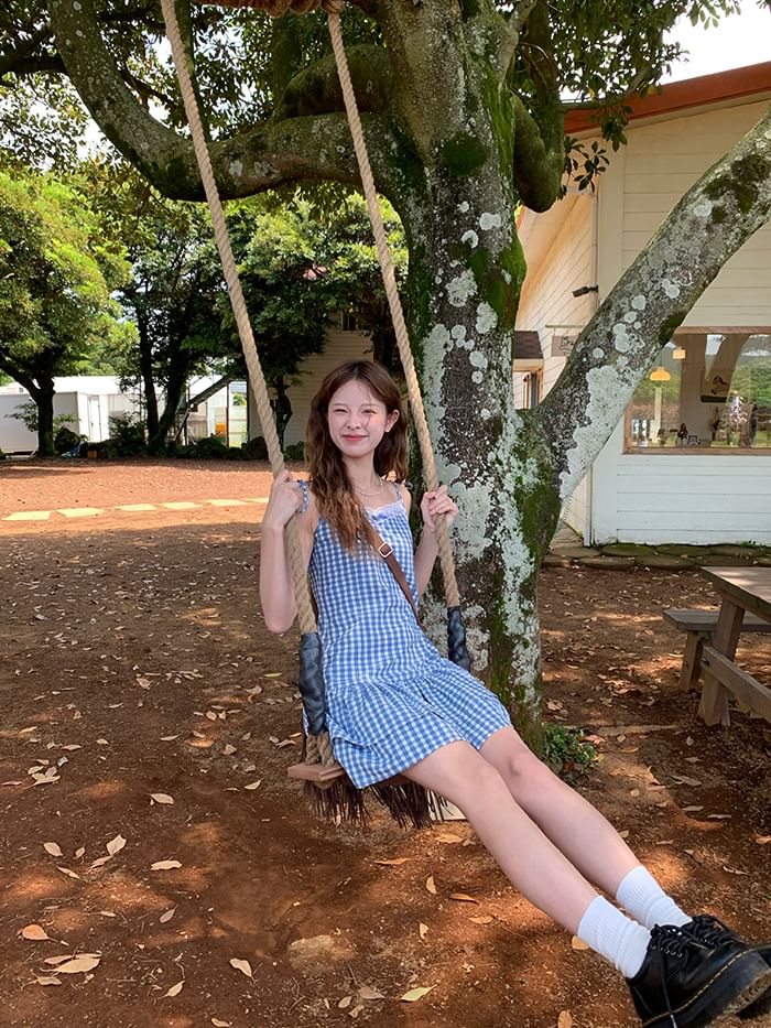 Strap Spaghetti Trim Mini Dress Layered Lace A-Line Gingham V-Neck