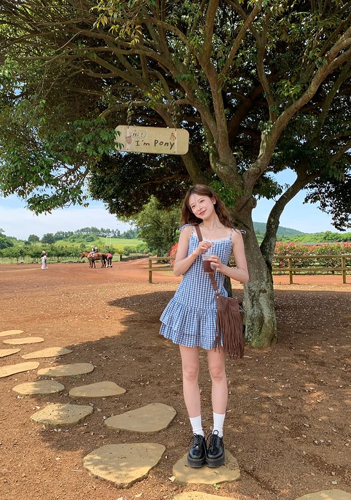 Strap Spaghetti Trim Mini Dress Layered Lace A-Line Gingham V-Neck