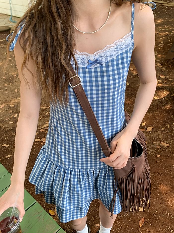 Strap Spaghetti Trim Mini Dress Layered Lace A-Line Gingham V-Neck