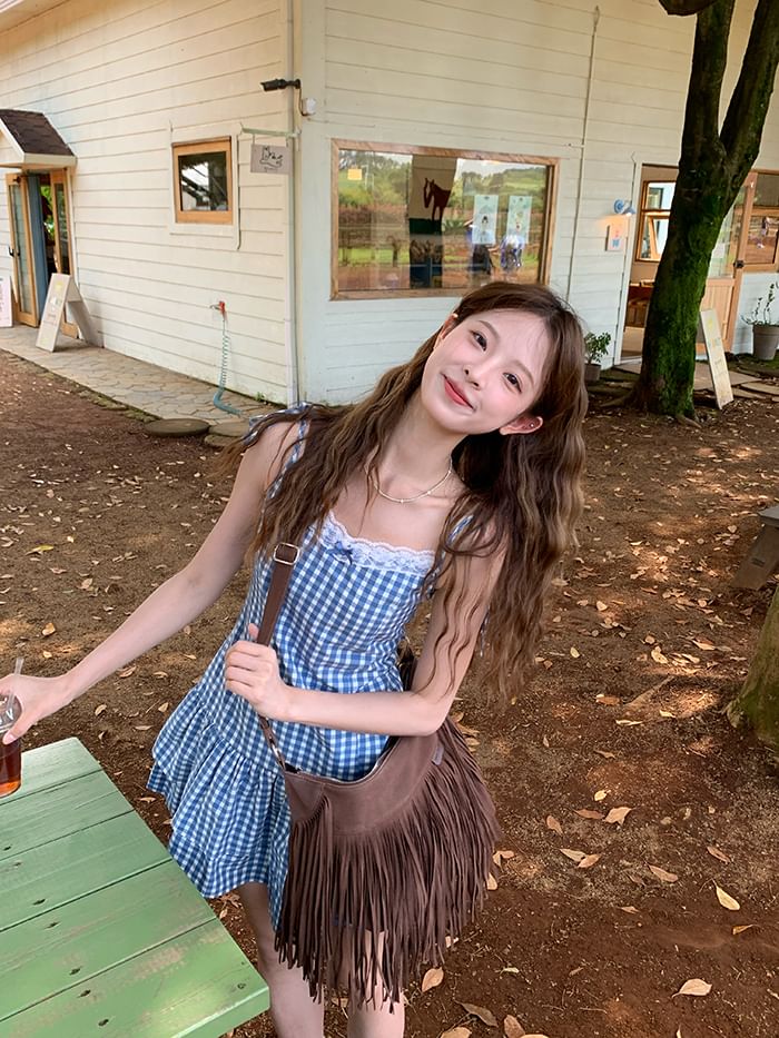 Strap Spaghetti Trim Mini Dress Layered Lace A-Line Gingham V-Neck