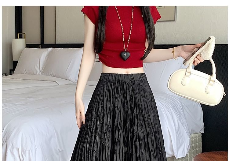 High Waist Plain A-Line Asymmetrical Maxi Crinkle Skirt