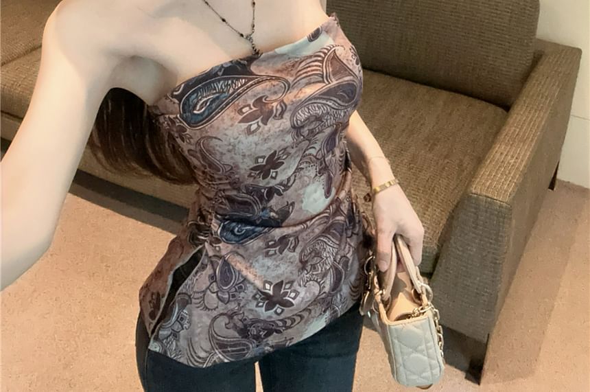 Print Ruched Paisley Top Slit Tube
