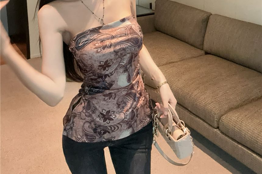 Print Ruched Paisley Top Slit Tube