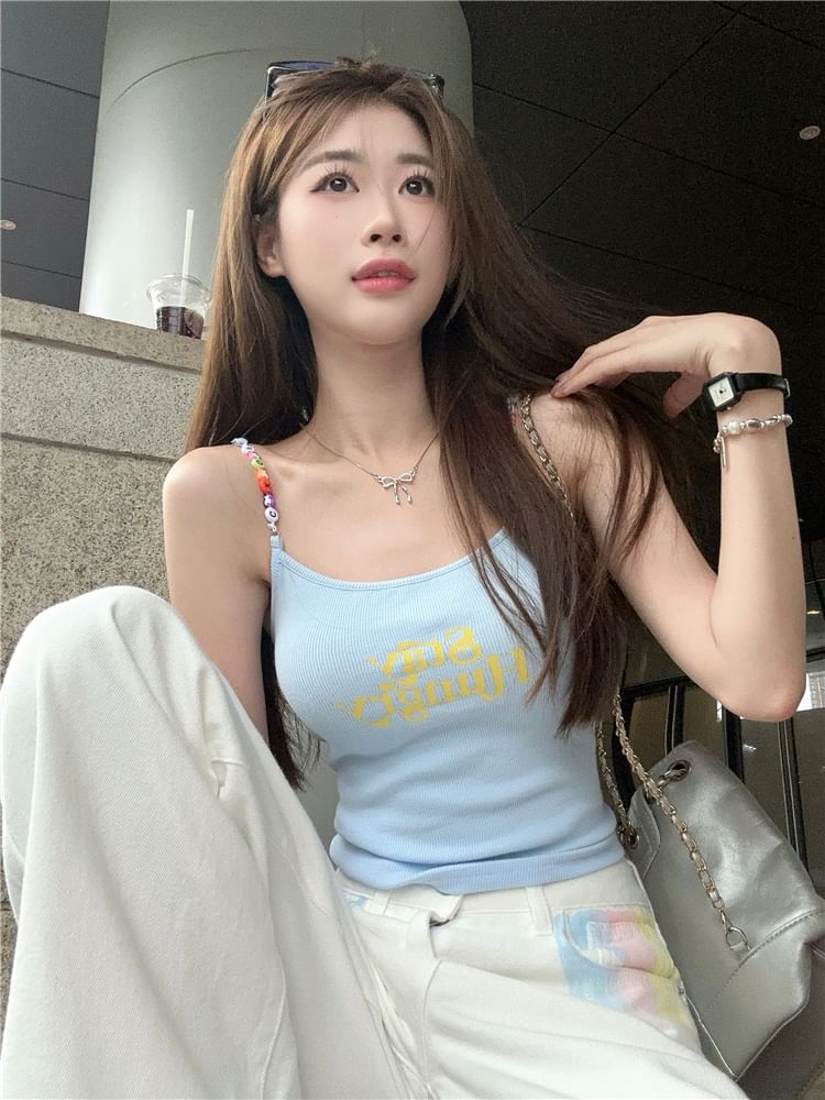 Lettering Scoop Cami Neck Top Crop Print Beaded