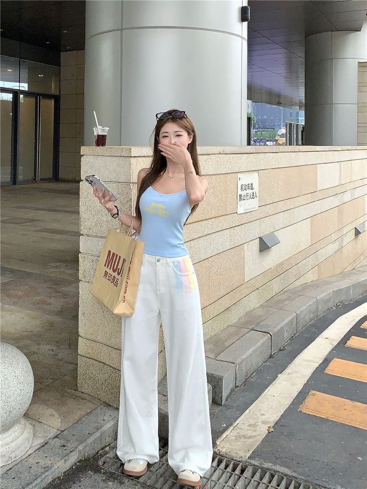 Lettering Scoop Cami Neck Top Crop Print Beaded