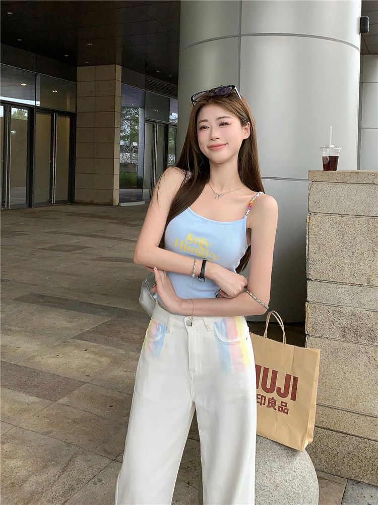 Lettering Scoop Cami Neck Top Crop Print Beaded