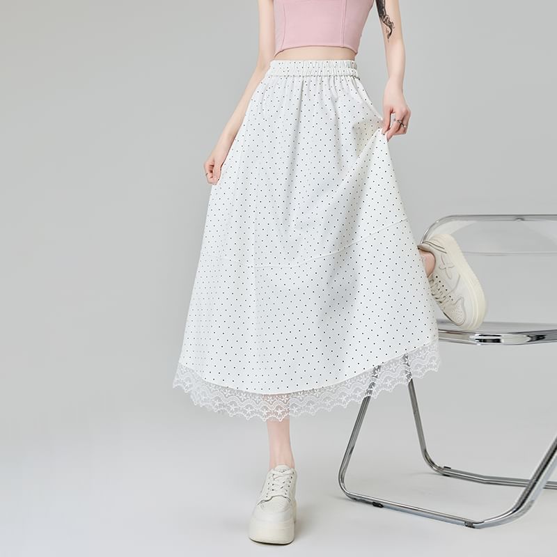 A-Line High Skirt Dotted Midi Lace Waist Panel